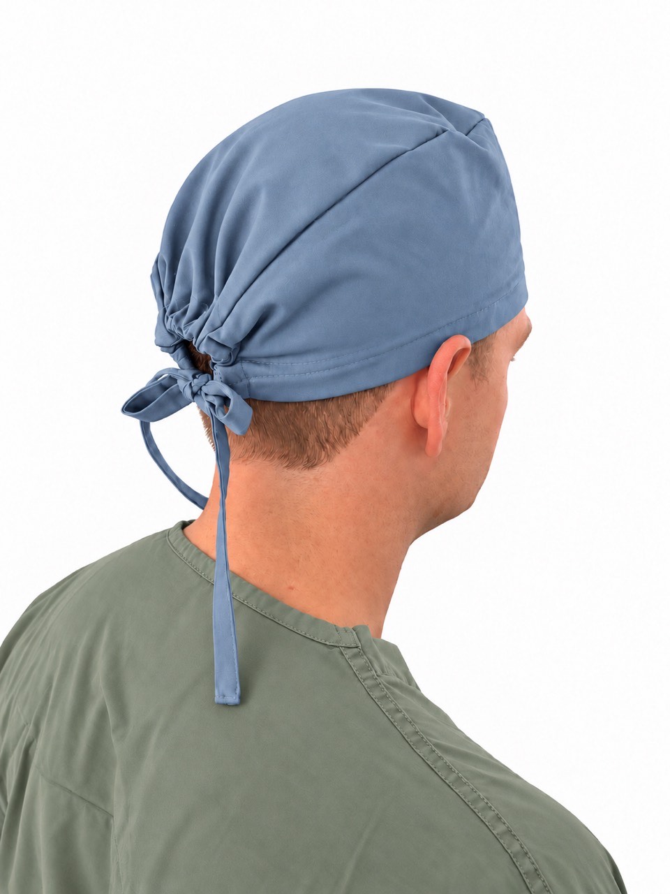 Men’s blue scrub cap shown from the back with matching fabric ties