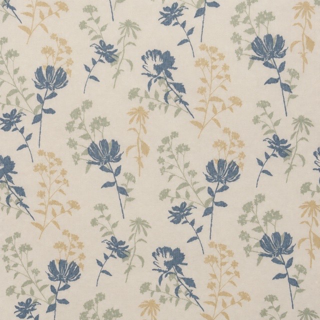 Blue, sage, and soft gold wildflower stems on cream.