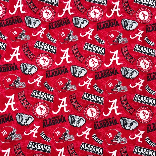 Alabama Crimson Tide logos, helmets, and elephants on red.